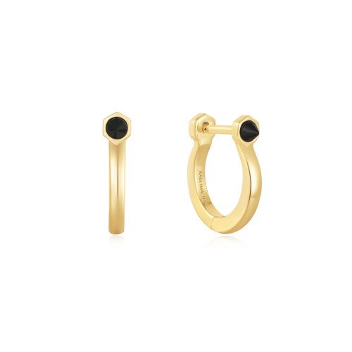 GOLD BLACK AGATE HUGGIE HOOP EARRINGS