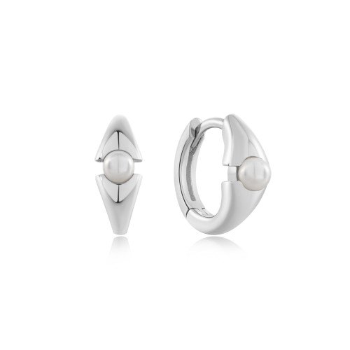 SILVER PEARL GEOMETRIC HUGGIE HOOP EARRINGS
