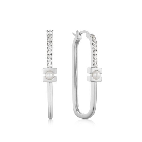 SILVER PEARL MODERNIST OVAL HOOP EARRINGS