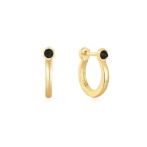 GOLD BLACK AGATE HUGGIE HOOP EARRINGS