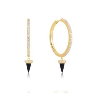 GOLD BLACK AGATE DROP HOOP EARRINGS
