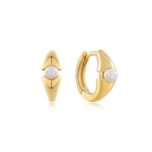 GOLD PEARL GEOMETRIC HUGGIE HOOP EARRINGS