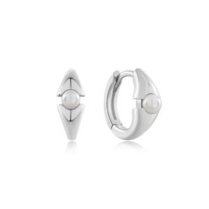 SILVER PEARL GEOMETRIC HUGGIE HOOP EARRINGS