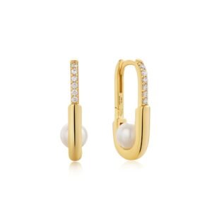 GOLD PEARL INTERLOCK OVAL HOOP EARRINGS